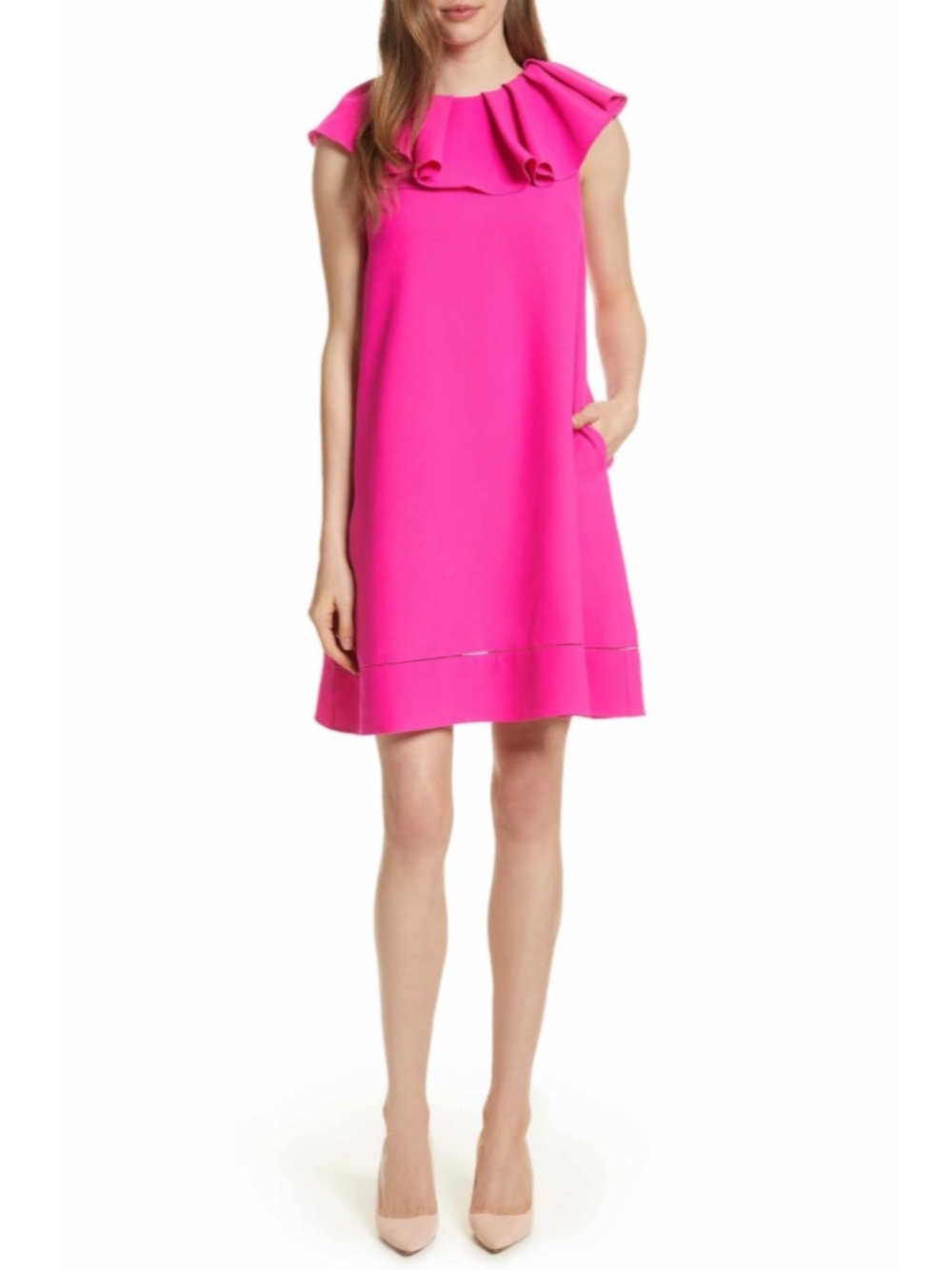 Ted Baker Clarees Ruffle-Neck Shift Dress in Hot Pink